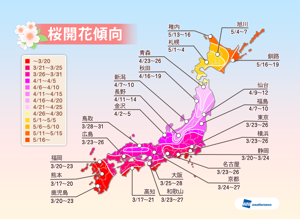 日前,日本的气象网站「weathernews」公布了全国各地的樱花名胜700